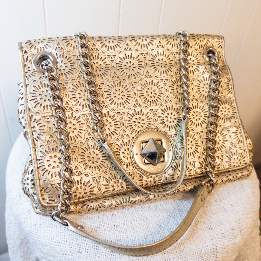 Kate Spade gold leather chainlink handbag, unique.
